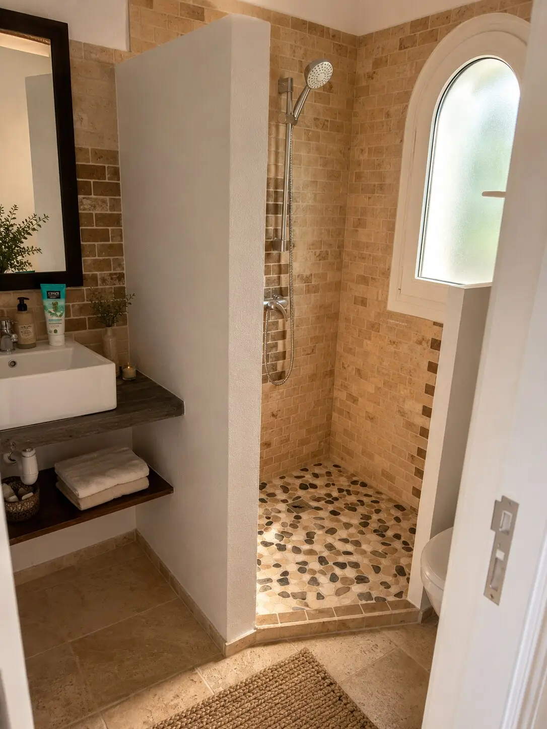 Bathroom with a level-access shower, pebble floor and arched window