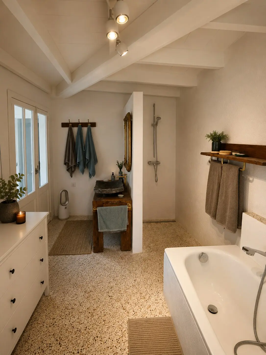 Second bathroom with tub, shower and wooden shelf