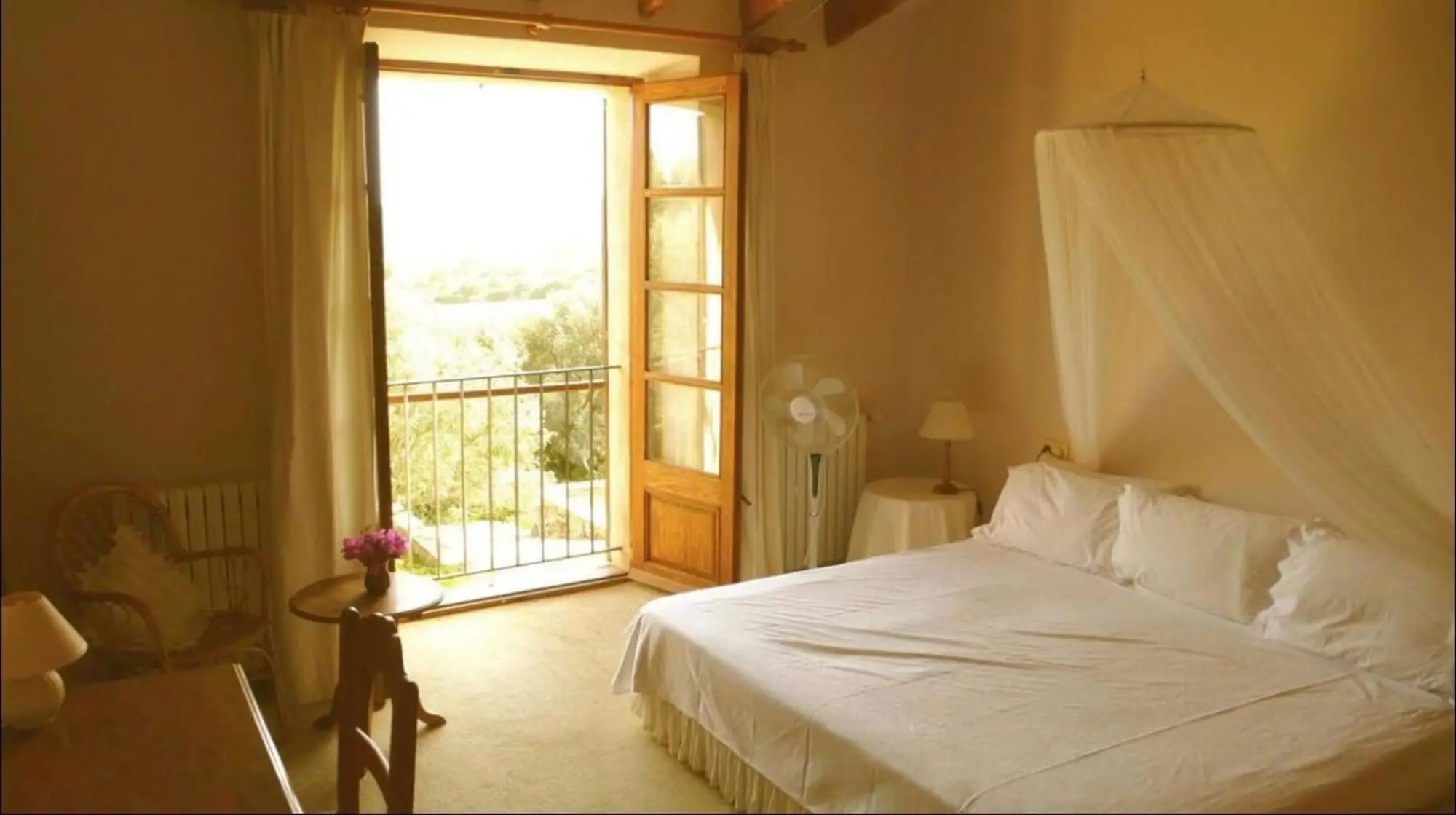 Bedroom with mosquito net and an open door to the garden